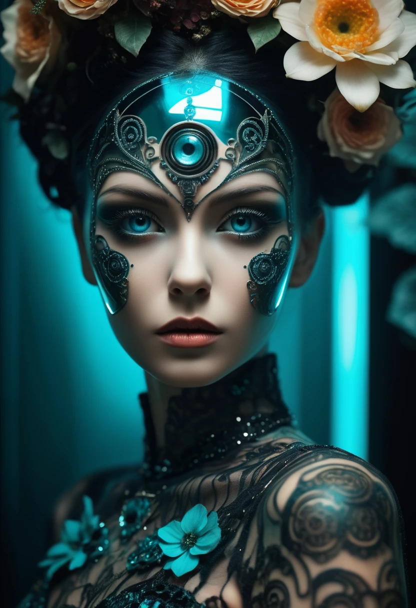 (Little funny robot, porcelain face and head, big turquoise eyes) Perfect eyes, double exposure, flower fantasy, dark gothic biomechanical art deco essence. Her punkish, tattooed, voodoo-like figure is partially hidden in a swirling obsidian silk dress with delicate filigree floral patterns that echo the inimitable style of Gustav Klimt. Caught in an environment of reflective holographic mirror panels that split the space around them into a scattering of angular contrasts, a background of shadows against a bright background.