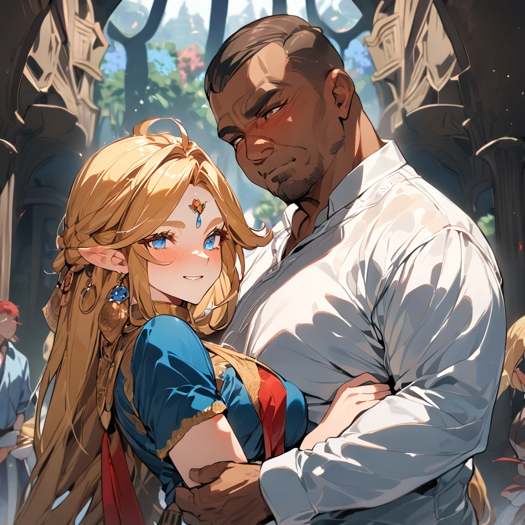 ((Highest quality)), ((masterpiece)), (detailed), （Perfect Face）、The woman is Queen Zelda, wife of King Ganondorf of the Gerudo tribe. She has medium-long blonde hair, blue eyes, wears Gerudo clothing, and wears luxurious Gerudo accessories.、The woman is happily embracing her husband, King Ganondorf, a sturdy, dark-skinned, middle-aged man with short red hair.