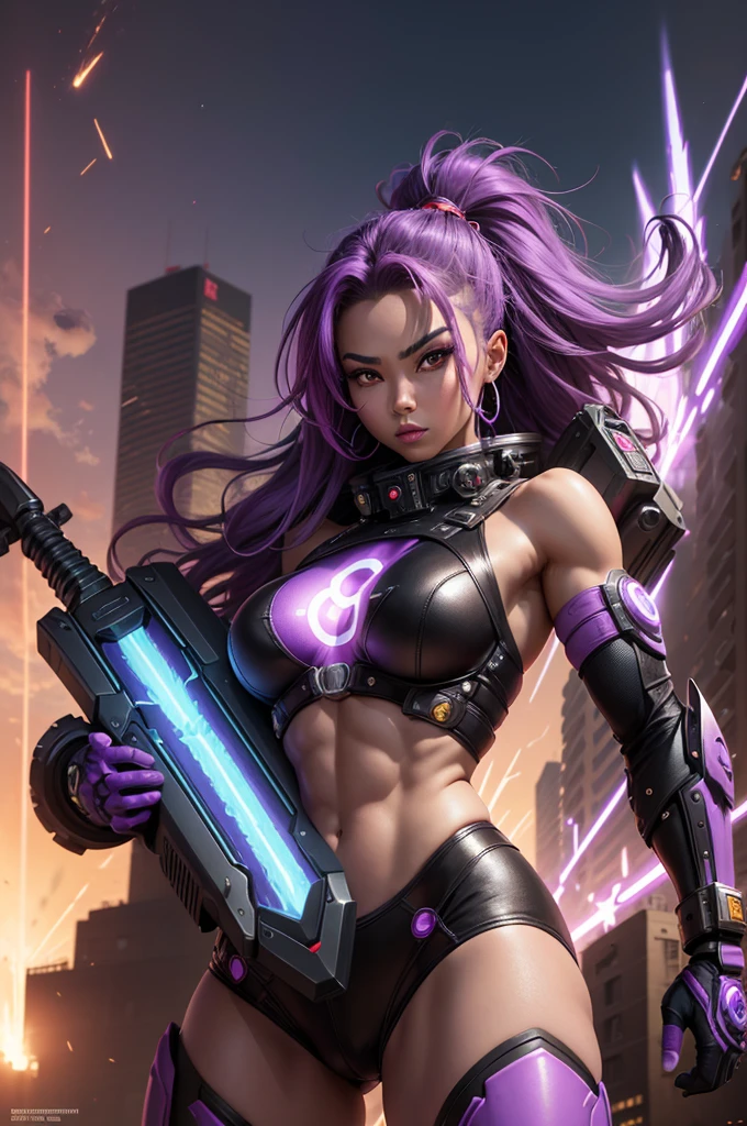 A perfect and beautiful, exuberant and very young cybernetic android warrior with black African and oriental Japanese and Chinese features, mixed with the clone of the Greek warrior goddess Athena, with huge super ultra mega giant breasts, purple eyes, transformed into a super sensual and extremely super muscular astronaut, fitness, fit bodybuilder and weightlifter, very muscular thighs wearing very short, super radical and purple punk style hair and very straight in locks, wearing sexy cyberpunk battle outfits, observing various spaceships on a strange planet full of big wild and murderous predator monsters and preparing, carrying and wielding their huge futuristic weapons on their shoulders for combat and already in battle stance and brandishing their fire sword and powerful energy shield