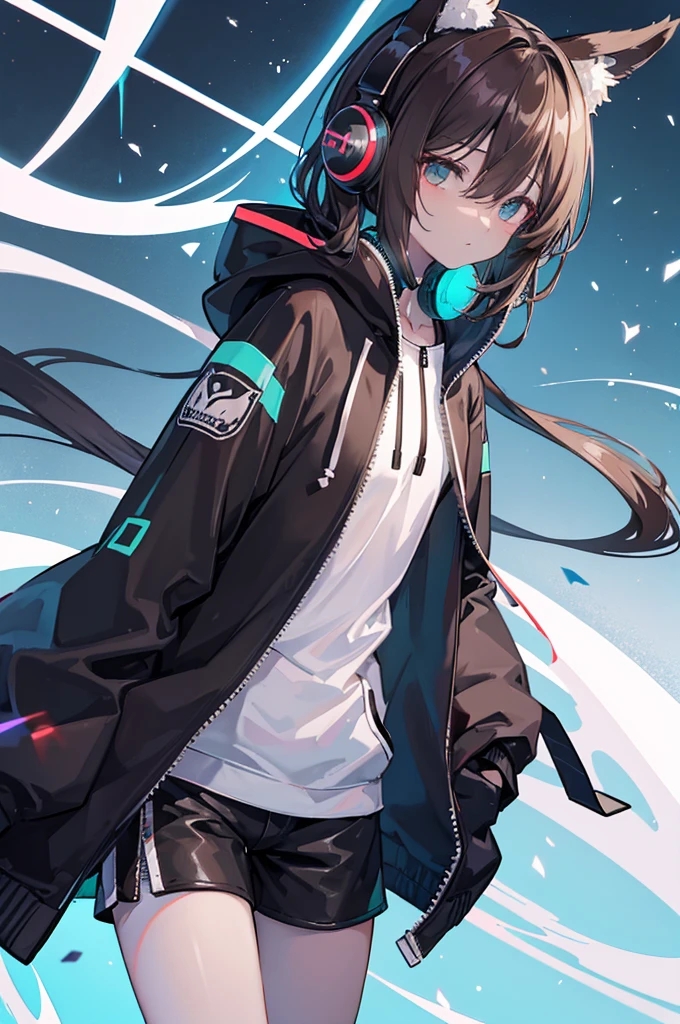 초상화, 귀여운 소녀, dark_elf, ((dark_skin, lustrous_skin)), (brown_hair, asymmetrical_bangs, hair over one eye, shoulder_length_hair), light_green_eyes, 빈유, hands_in_pockets, Boring_face, camisole, dolphin_shorts, black_rabbit_Hooded_zip_up, headphones around_neck, Just one headphone