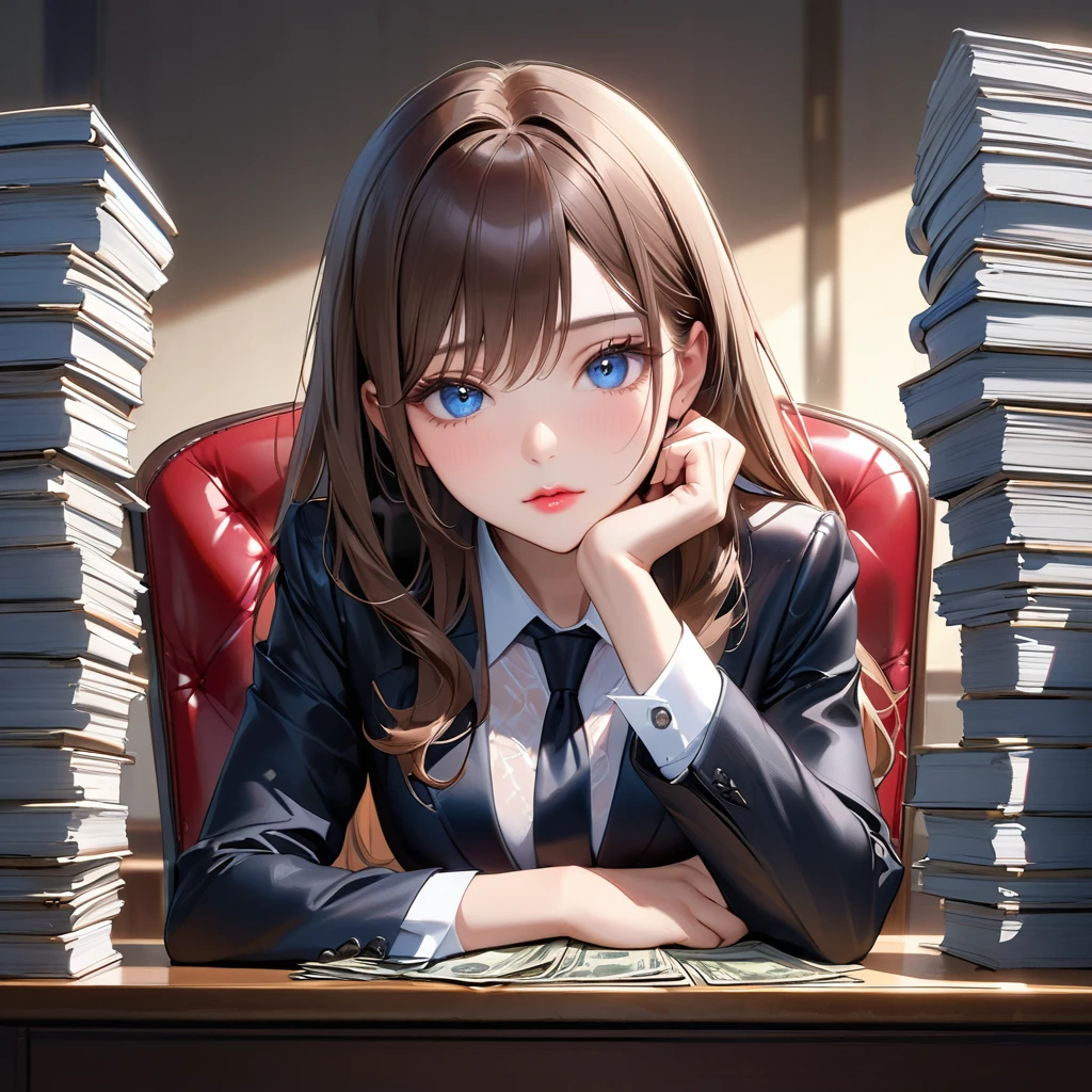 Highest quality, masterpiece, Ultra-high resolution, Realistic:1.2, RAW Photos, Intricate details, Portraiture,　Big beautiful blue eyes:1.2, Perfect contours, Girl, break　((facing viewer,  upturned eyes:1.2)), ((petite, short, tiny girl:1.2)), Brown Hair、Long Hair, (makeup:1.2, parted mouth, full lips:1.3, pink lips:1.2, shiny rips:1.2), ((Top female lawyers:1.2)), (Luxury shiny black formal suit、Luxurious silk shirt:1.2,  Luxury high heels), BREAK ((He is sitting at a very luxurious desk, resting his chin on his hands.、Black leather chair))、((On the desk is the complete collection of laws.、Stacks of bills are arranged and stacked)), (Crossing your legs)、((The background is a room in a top law firm.))、