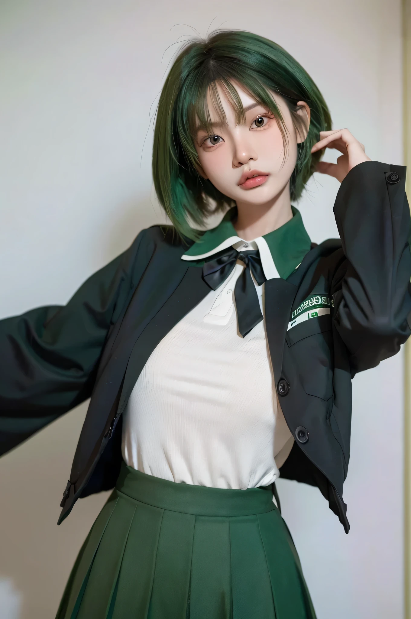 nokiapretty, student uniform , black background , greenhair, frome above