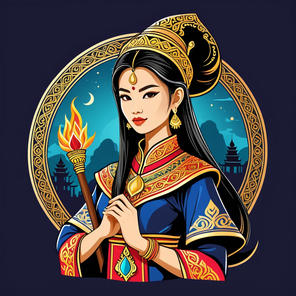 female	wizard	in thai folk outfit	,vector graphics, strong contours, logo design																						