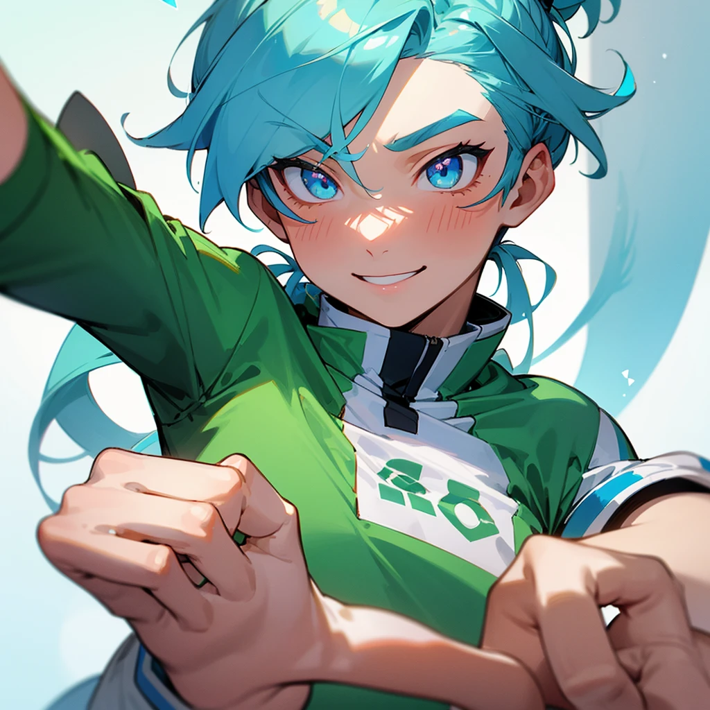 Eyes: Bright green, almond-shaped
Body: Athletic build, lean.
Face: Heart-shaped face with smile
Hair: Wavy, pastel blue hair often tied back in a loose ponytail.
Anime young male in soccer uniform. Close up selfie picture