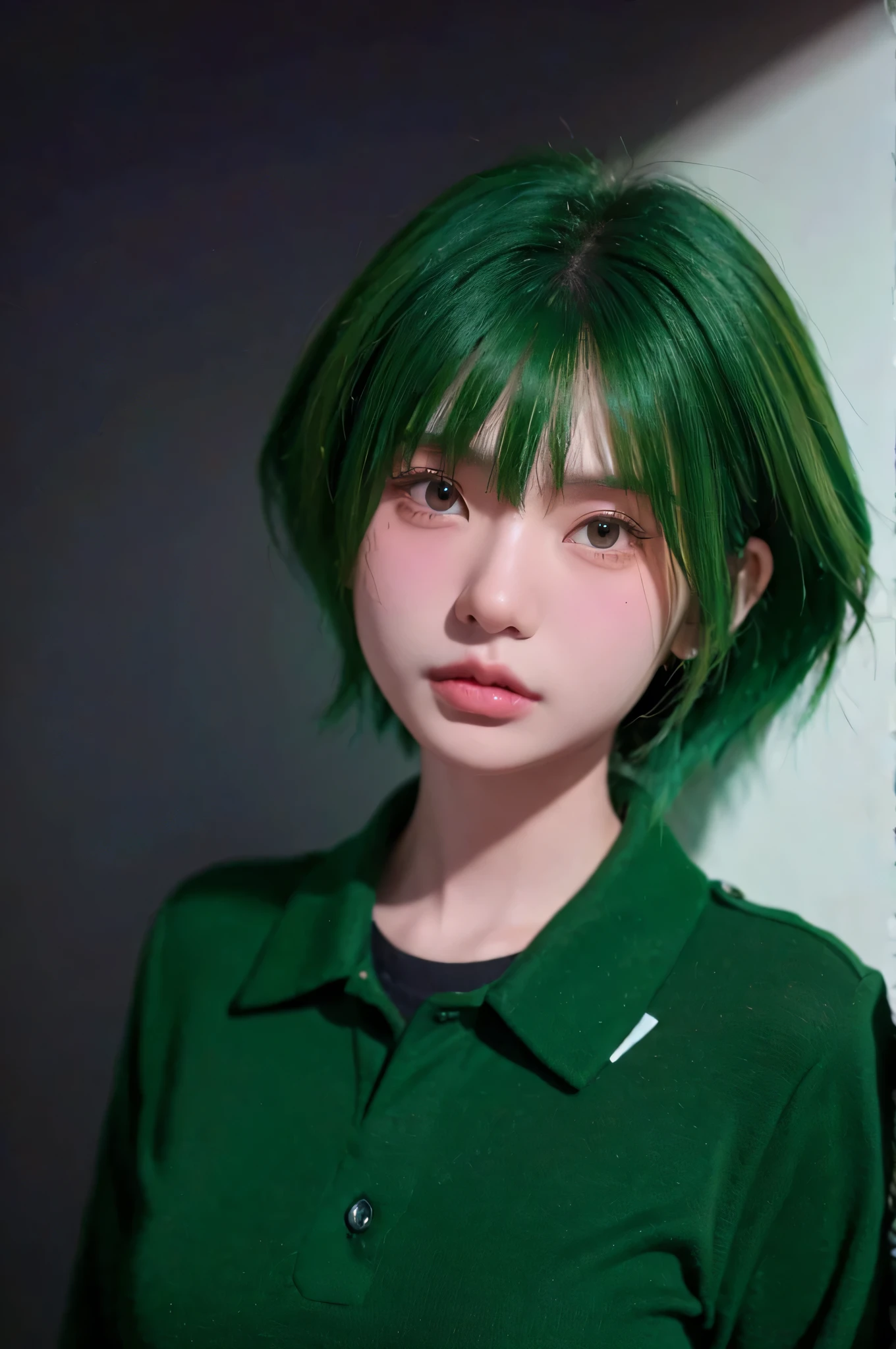 nokiapretty, student uniform , black background , greenhair, frome above