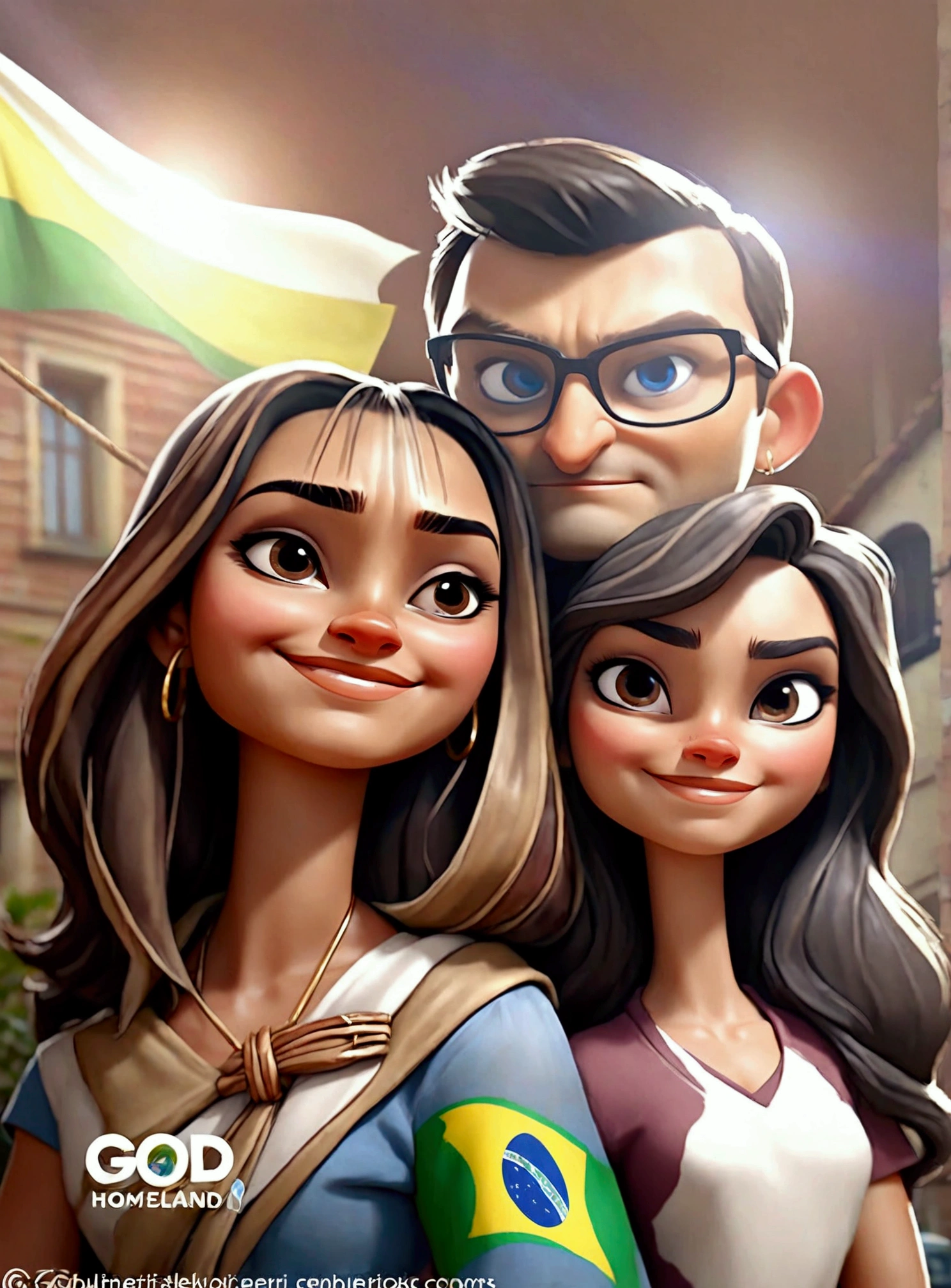 A brunette woman in Disney Pixar style with a Brazilian blouse, Brazil neck scarf, in blue jeans and white sneakers,standing, holding a Brazilian flag in his hands, with a big city in the background. The poster must contain the words: GOD, homeland, Family and Freedom. high qualiy, best qualityer