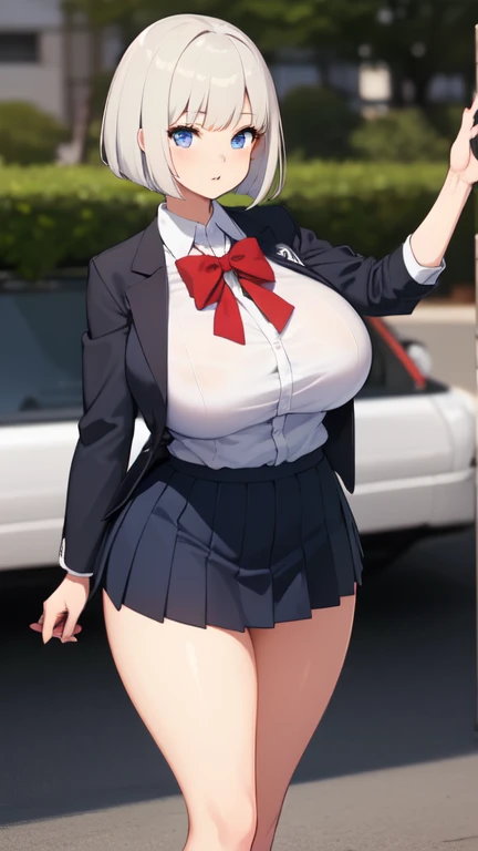 ((Highest quality)), ((masterpiece)), (detailed),
((huge breasts))
((Very thick thighs))
((Very fleshy young woman))
(Tall)
(Short White hair)
(bob hairstyle)
Blue eyes
Standing
(((Shoot from front)))
(Japanese school uniform)
(white (business) shirt)
(Black mini(school)skirt)
(white pantie)
Japanese
Tokyo city