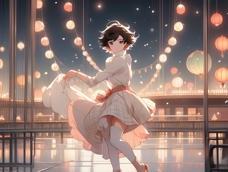 cartoon你的名字,Shinkai Makoto style,cartoon,Shinkai Makoto style,evening,night,evening,night,A girl,Wearing a white top,Plaid skirt,White knee socks,Dancing on the platform,Ferris wheel in the background,evening,night,日本cartoon-你的名字风格,Combining elements of reality and fantasy,Shinkai Makoto style