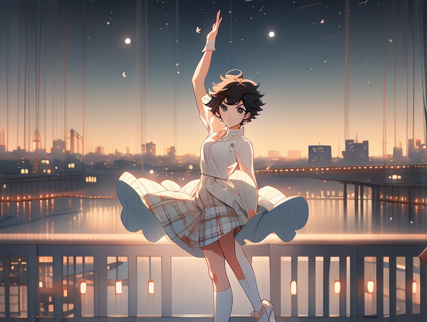 cartoon你的名字,Shinkai Makoto style,cartoon,Shinkai Makoto style,evening,night,evening,night,A girl,Wearing a white top,Plaid skirt,White knee socks,Dancing on the platform,Ferris wheel in the background,evening,night,日本cartoon-你的名字风格,Combining elements of reality and fantasy,Shinkai Makoto style