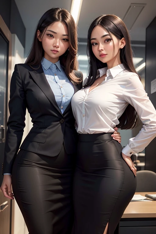 A woman in a tight office outfit and a provocative long skirt, with a mischievous and teasing expression, stands in front of a junior female colleague.