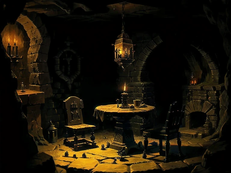 dungeon, small dark underground room, stone walls, monsters lair, old small table with a candle, spiders Web, broken bones, Wooden door, broken stools, safe
