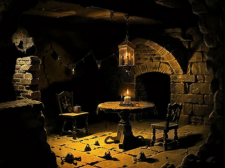 dungeon, small dark underground room, stone walls, monsters lair, old small table with a candle, spiders Web, broken bones, Wooden door, broken stools, safe