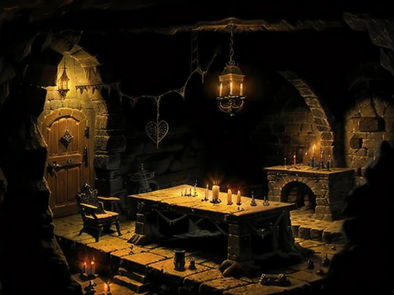 dungeon, small dark underground room, stone walls, monsters lair, old small table with a candle, spiders Web, broken bones, Wooden door, broken stools, safe