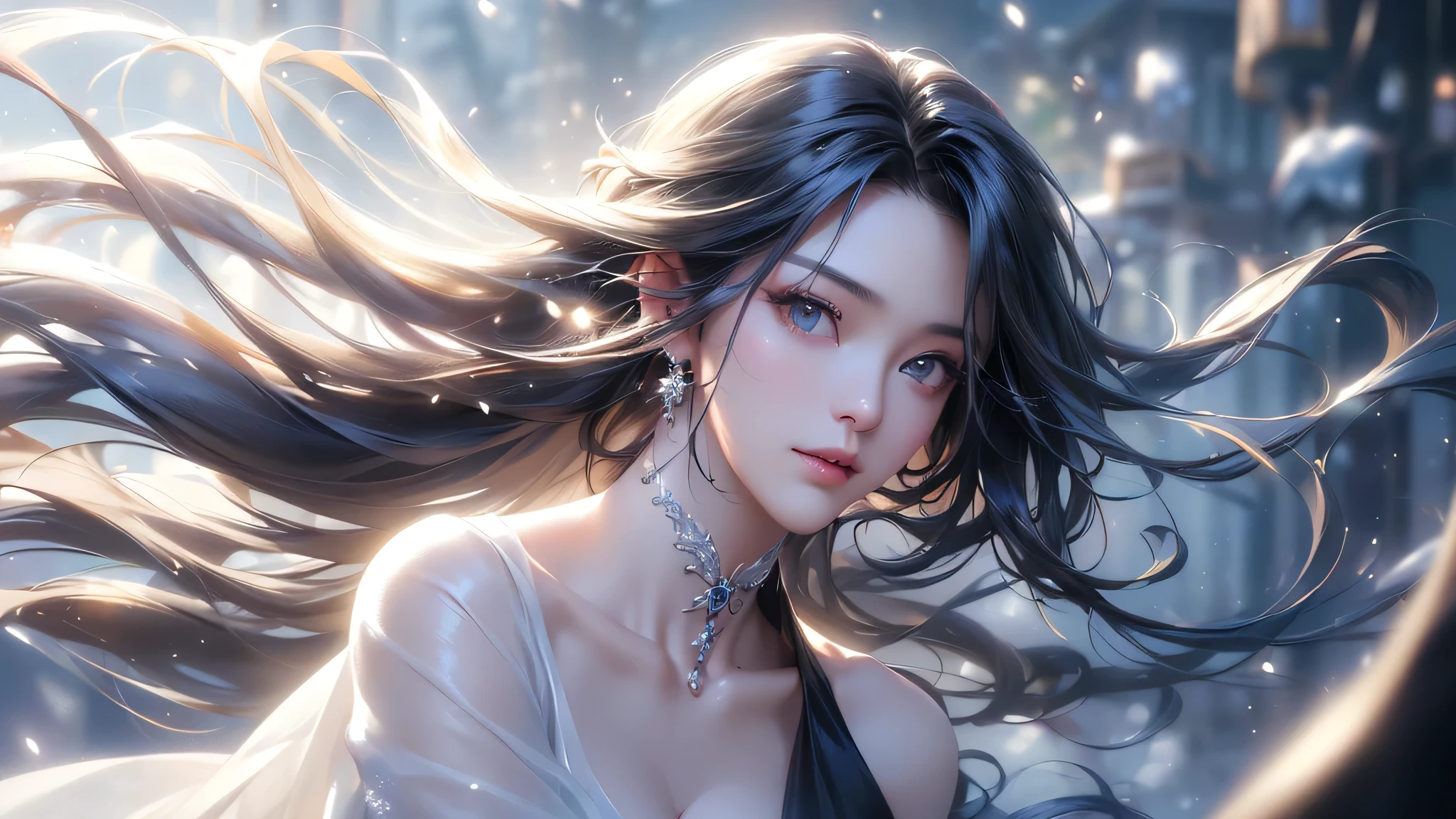 ((Picture from the waist up))((masterpiece:1.5、8k、Tabletop、Photorealistic and very detailed CG、Very detailed、Particle Effects、Dynamic Effects、Shallow depth of field、Cinematic Light、Lens flare、Ray Tracing、Tabletop、Realistic:1.4、Ultra-high resolution:1.2、Realistic、Realistic))((alone、,A woman wearing a black cashmere coat over a halter neck dress:1.4、Elegant woman posing、Detailed face、brightexpression、young, bright, Whiter skin、Medium chest、Beautiful cleavage、Best Looks、ASİAN、Ultimate beauty、bright and shiny hair,、Super long, Silky straight hair、Hair dancing in the wind))(morning、The setting is outdoors in the snow、Crystal of snow)((shiny white hair))