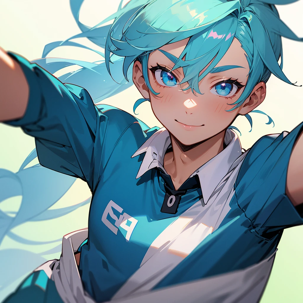 Eyes: Bright green, almond-shaped
Body: Athletic build, lean.
Face: Heart-shaped face with smile
Hair: Wavy, pastel blue hair often tied back in a loose ponytail.
Anime young male in soccer uniform. Close up selfie picture