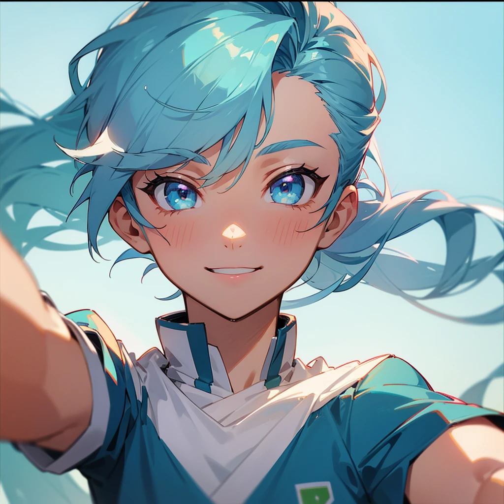 Eyes: Bright green, almond-shaped
Body: Athletic build, lean.
Face: Heart-shaped face with smile
Hair: Wavy, pastel blue hair often tied back in a loose ponytail.
Anime young male in soccer uniform. Close up selfie picture