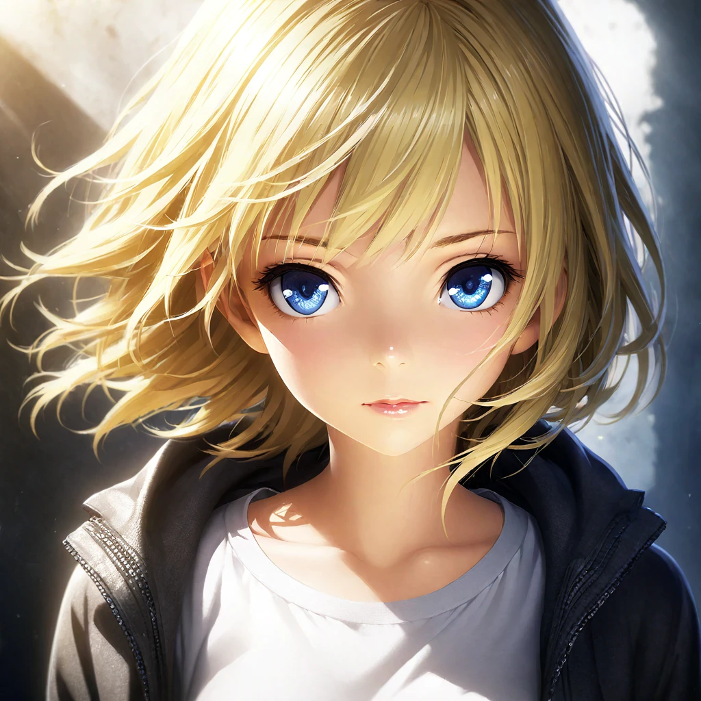 portrait, Practical, blue eyes, Blonde hair, Mid-chest, 4K resolution, High quality CG, Beautiful CG, Soft Light, Octane Rendering, white t-shirt, jacket, close shot