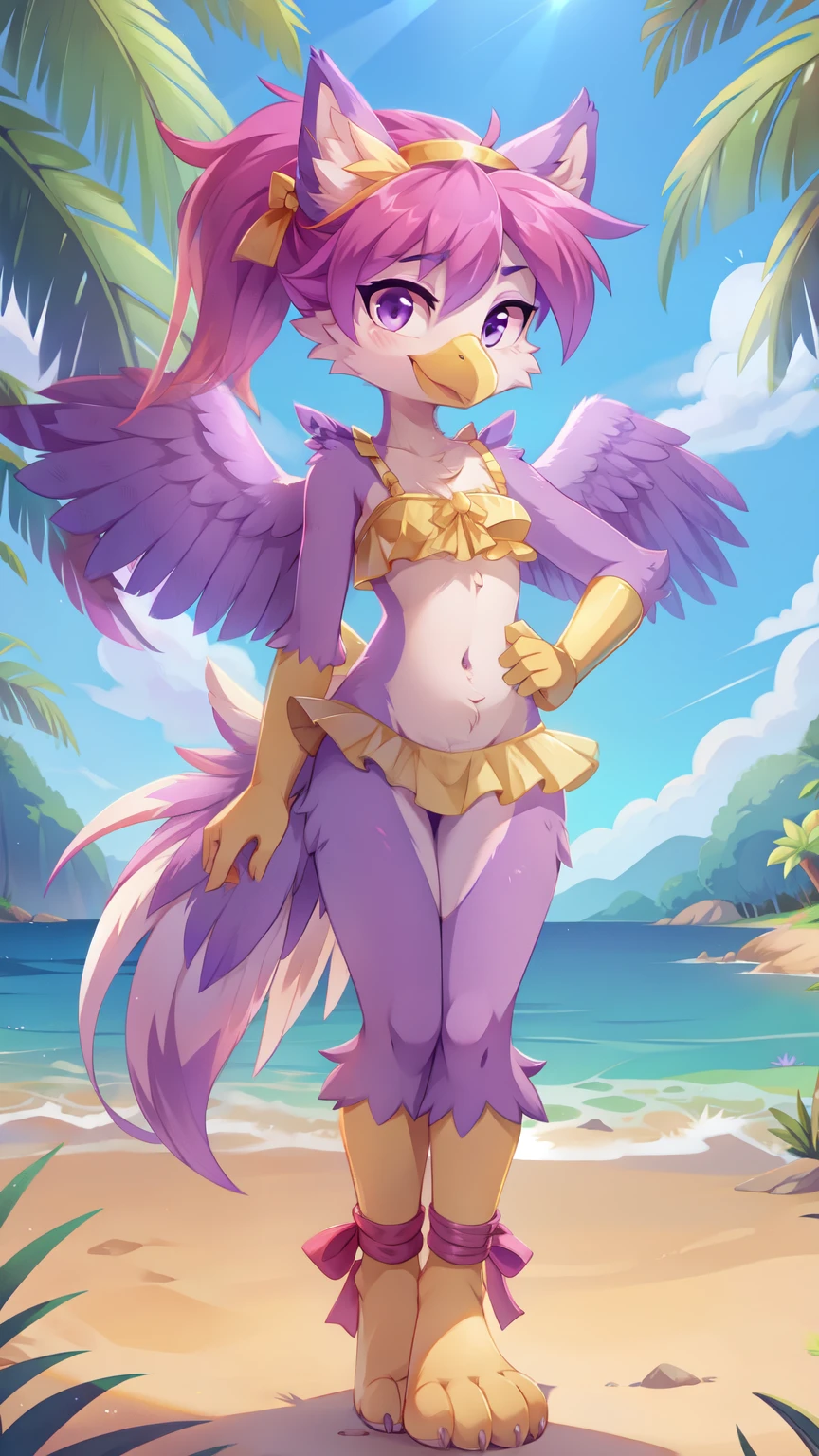 score_9,score_8_up,score_7_up, source_cartoon, source_furry, Furry girl, bird, yellow bird beak, magenta hair, spiky hairstyle, pointy bangs, long pointy ponytail, anime style, small breasts, purple eyes, big eyebrows, ((purple animal ears)), ((yellow ruffled frilly swim top, yellow ruffled frilly swim bottom, yellow headband with bow)), high quality, detailed body, detailed eyes, detailed face, masterpiece, glistening body, detailed body fur, best quality, clear purple body fur, skinny, purple feathered wings, avian, detailed hands, perfect lighting, perfect shadows, perfect eyes, perfect hair, perfect face, gorgeous body, uperbody, smirk, navel, detailed Illumination, front Illumination, uperbody, beach, clear sky, low angle, solo,