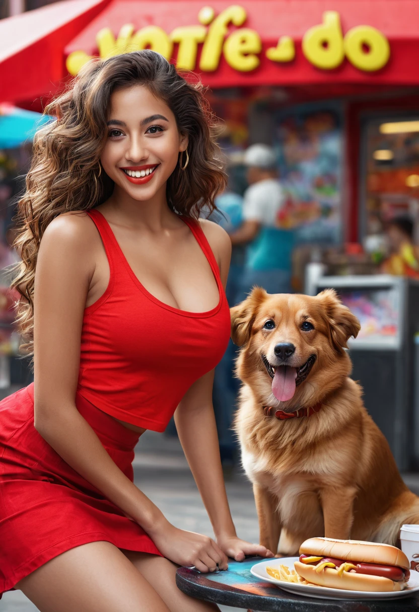 8k,beautiful mixed girl, Long wavy hair, extremely detailed sexy, Light ssmile, beautiful detailed eyes, big-ass, nice chest, ssmile, Red sexy tank top, Red mini skirt, natta, swirly vibrant colors, Niko's Dog, fast food, comer Hot dog, (best qualityer,4K,8k,high resolution,work of art:1.2),ultra detali,(realisitic,photorealisitic,photo-realisitic:1.37),portraite,paisaje