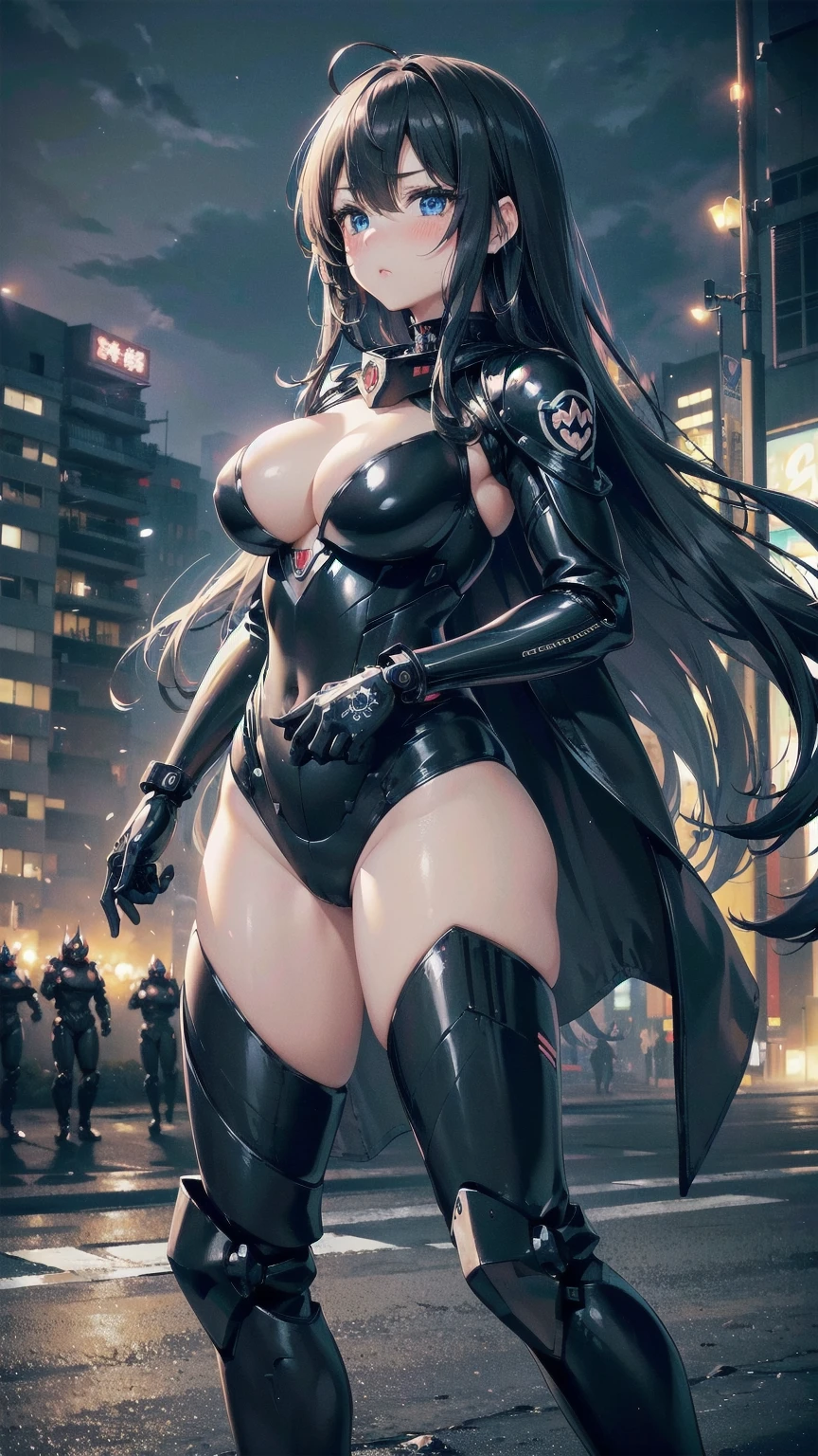 A pretty woman, 1 woman, Japanese, Alone, ((black metal plug suit:1.3)), ((many decorations plug suit), ((battle suit)), ((masterpiece)), ((Best Quality)), (ultra detailed), ((kawaii)), Beautiful, (beautiful), ((extremely detailed)), 4k, (8k), Best Quality, (beautiful), illustration, Worthy, (blow to the body), (Midnight, city, battlefield), (long black hair), Hair blowing in the wind, beautiful blue eyes, ((beautiful eyes)), lip, serious expression, blush, bright,