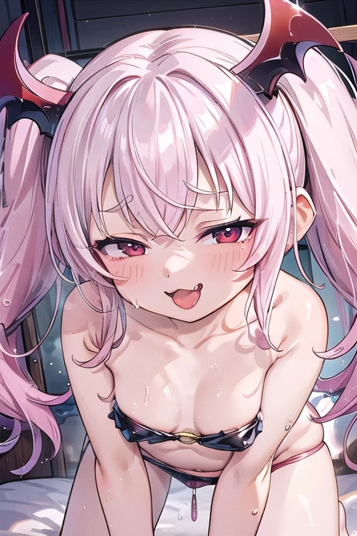 pretty girl、Young face、long silver Hair、long Twin tails、Pink eyeischievous face、Spoiled brat、Immature body、Small breasts、smile、Sweat、（Thick thighs:1.5)、very little demon horns and tail、red  eyes、On all fours、Backwards、looking at viewer、sweat、pink tattoo on her abdomen、ハート型の眼、Open mouth、double teeth、fang、swim wear、Black Bikini、blushing and sticking out her cute tongue, tongue out、sensational、