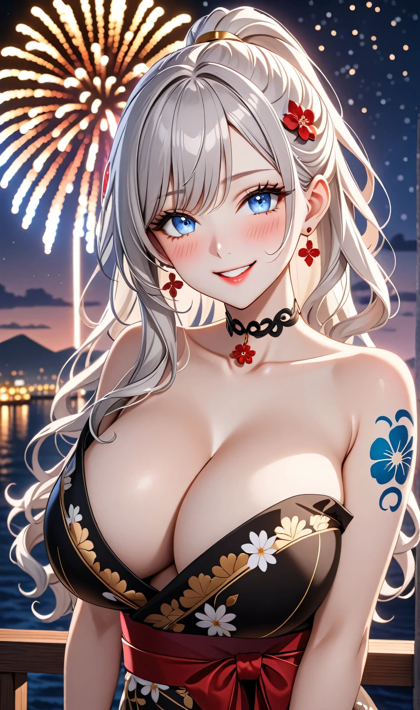 ultra-detailed, ((one girl)), (pale skin:1.5), fair-skinned gyaru, ((Girl in black kimono)), (heavy makeup), (professional lighting), hyper detailed, absurdres, 8k, Beautiful Face, (Laugh shyly), ((teasing smile:1.2)), ((happy smile:1.4)), ((Wink:1.4)), (Laugh with your mouth wide open),((Tilt your face:1.6)), View your viewers, ((full-face blush:1.4)), Glossy Red Lips, ((huge breasts:1.6)), undressing, ((She is undressed up to her shoulders, highlighting her cleavage.)), ((Shoulder Tattoo:1.3)), summer, night,Observatory with a view of the sea, firework, ((Anime style background)),masterpiece, Highest quality, so beautiful,Latest, Complex details, ((red long nail:1.2)), (ring),(bracelet), (Floral Choker),AI-generated, Complex,High resolution, Highest quality, super high quality,3D Images、3D Images,One person, (Silver White hair),Long Hair, (White high ponytail), (wavy hair:1.3)), Anime woman posing for a photo, ((Eyes with detailed pupils、blue eyes、glowing eyes:1.3)), (Squint your eyes:1.1),a hyperRealistic , hyperRealistic , Realistic,Anime woman with long white hair, Smooth anime CG art, ((A girl in a gorgeous black kimono:1.2)), ((black furisode:1.3)),Gold embroidery, (Large floral pattern in red color), (sideboob), (Long red flower hair ornament),(big floral earrings), Mature Body, tall,Narrow waist, (extreme close-up shot),((dutch angle)),