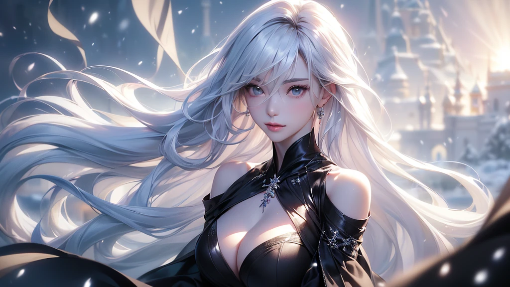 ((Picture from the waist up))((masterpiece:1.5、8k、Tabletop、フォトリアリスティックでVery detailedなCG、Very detailed、Particle Effects、Dynamic Effects、Shallow depth of field、Cinematic Light、Lens flare、Ray Tracing、Tabletop、Realistic:1.4、Ultra-high resolution:1.2、Realistic、Realistic))((alone、,A woman wearing a black cashmere coat over a halter neck dress:1.4、Elegant woman posing、Detailed face、bright表情、young, bright, Whiter skin、Medium chest、Beautiful cleavage、Best Looks、Asian、Ultimate beauty、bright and shiny hair,、Super long, Silky straight hair、Hair dancing in the wind))(morning、The setting is outdoors in the snow、Crystal of snow)((shiny white hair))