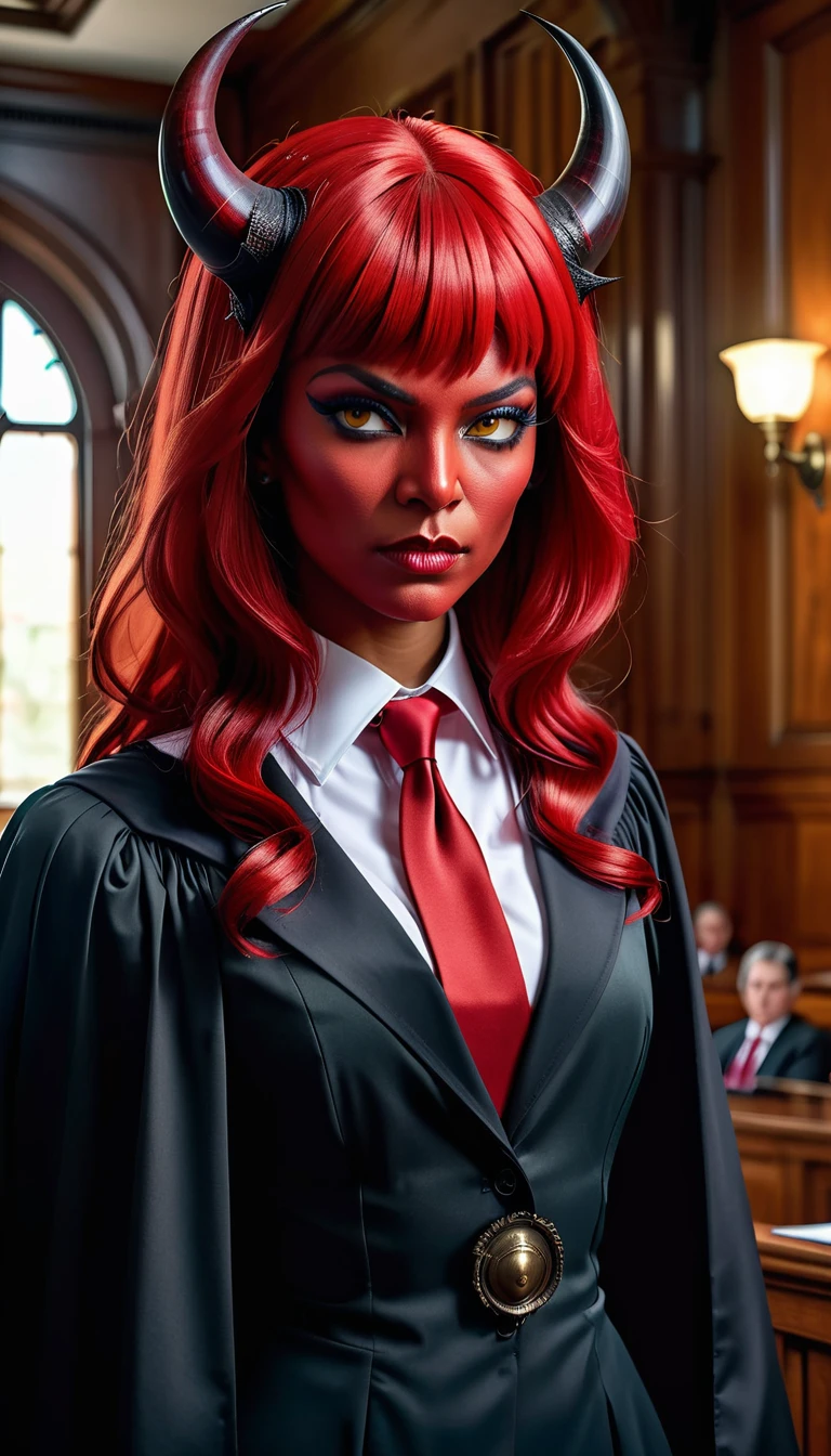 a picture of a female devil wearing barrister's wig and cloak in courtroom, a devilishly beautiful devil, ((full body shot: 1.5)), ((anatomically correct: 1.5), (ultra detailed face: 1.2), best detailed face, (red skin: 1.3), two black horns, wearing white button shirt, red tie, English barrister's wig, courtroom background, vibrant, Hyperrealism style, vibrant, Ultra-high resolution, High Contrast, (masterpiece:1.5), highest quality, Best aesthetics), best details, best quality, highres, ultra wide angle, 16k, [ultra detailed], masterpiece, best quality, (extremely detailed) RAW, photograph, Hyperrealism style, demonmawAI