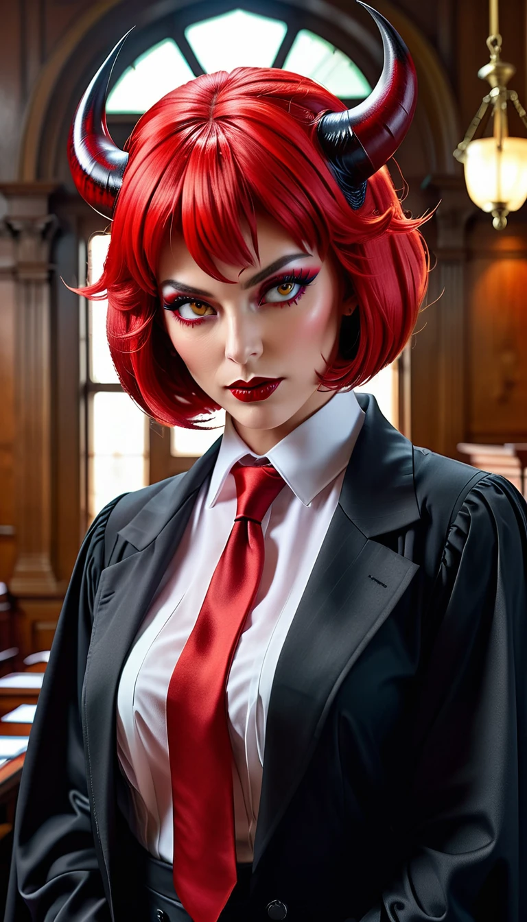 a picture of a female devil wearing barrister's wig and cloak in courtroom, a devilishly beautiful devil, ((full body shot: 1.5)), ((anatomically correct: 1.5), (ultra detailed face: 1.2), best detailed face, (red skin: 1.3), two black horns, wearing white button shirt, red tie, English barrister's wig, courtroom background, vibrant, Hyperrealism style, vibrant, Ultra-high resolution, High Contrast, (masterpiece:1.5), highest quality, Best aesthetics), best details, best quality, highres, ultra wide angle, 16k, [ultra detailed], masterpiece, best quality, (extremely detailed) RAW, photograph, Hyperrealism style, demonmawAI