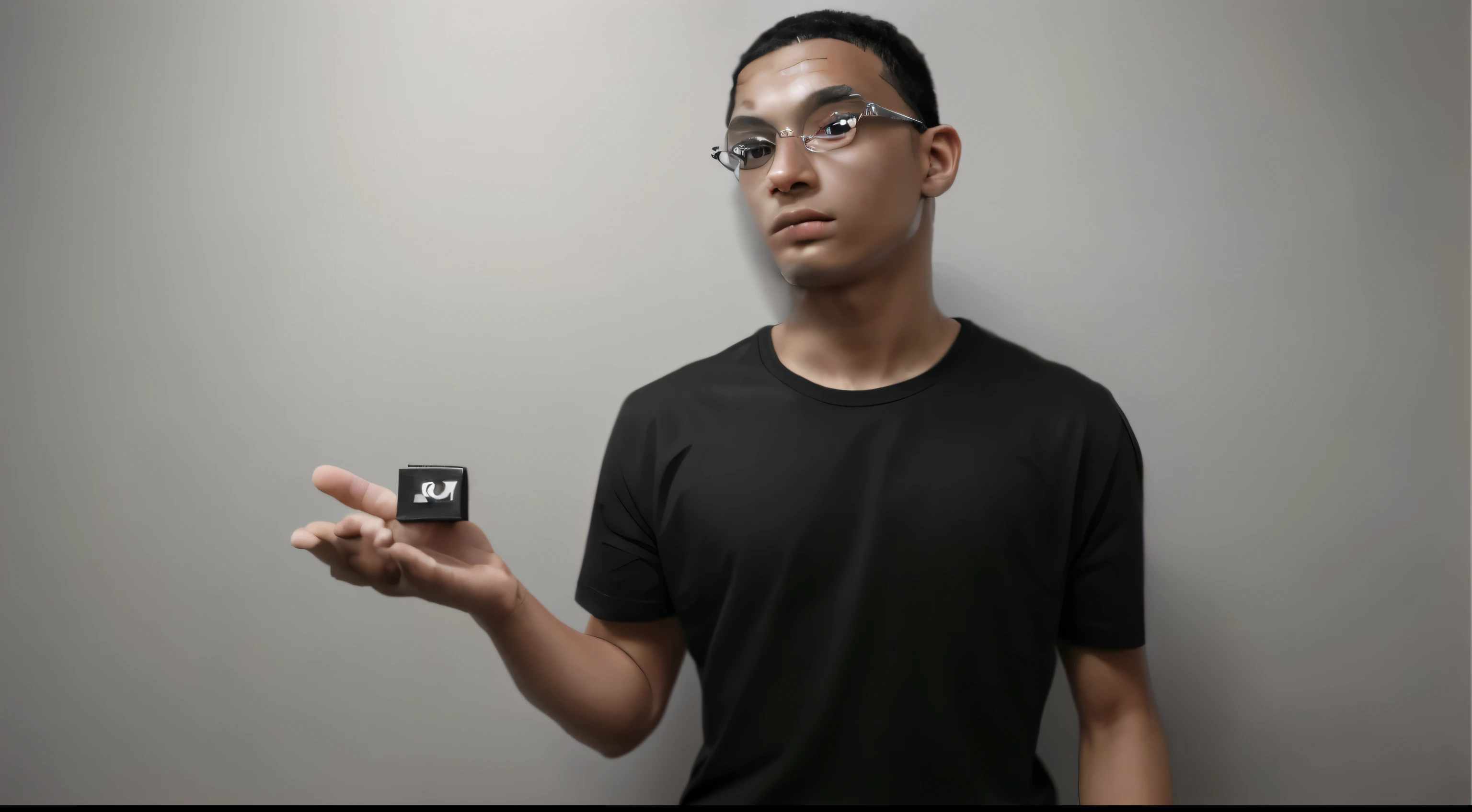 A young man, around 21 years old, with Brazilian Latino Black skin, shaved hair, glasses, wearing a black shirt, and a silver padlock, is portrayed in a minimalist setting with a pure white background. The focus is on his confident expression while holding a padlock in his hands, with the padlock prominently featured. The image is of the highest quality, 8K resolution, cinematic style, artwork, studio photography, Fujifilm XT3.