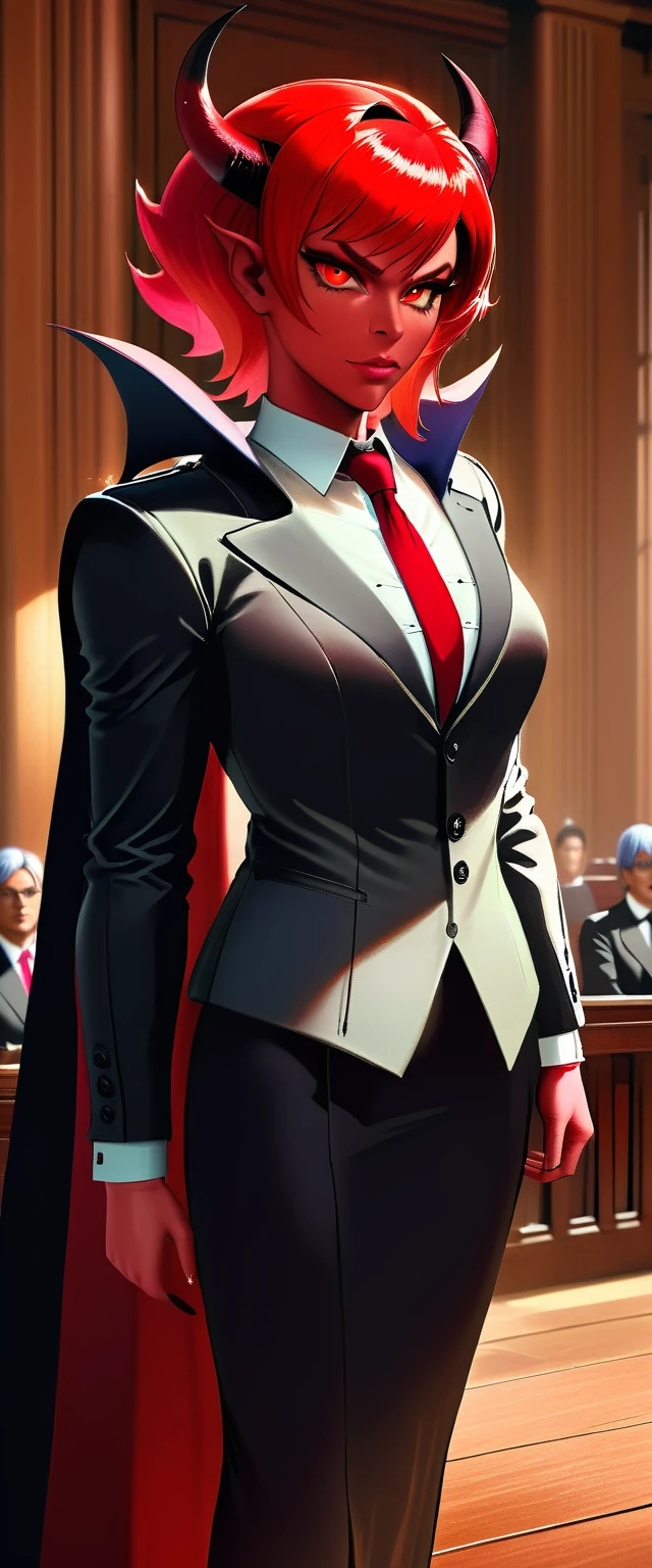 a picture of a female devil wearing barrister's wig and cloak in courtroom, a devilishly beautiful devil, ((full body shot: 1.5)), ((anatomically correct: 1.5), (ultra detailed face: 1.2), best detailed face, (red skin: 1.3), two black horns, wearing white button shirt, red tie, English barrister's wig, courtroom background, vibrant, Hyperrealism style, vibrant, Ultra-high resolution, High Contrast, (masterpiece:1.5), highest quality, Best aesthetics), best details, best quality, highres, ultra wide angle, 16k, [ultra detailed], masterpiece, best quality, (extremely detailed) RAW, photograph, Hyperrealism style, demonmawAI