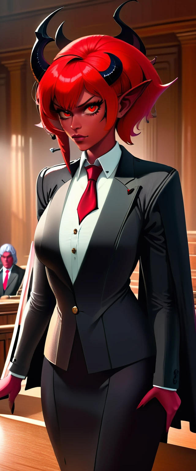 a picture of a female devil wearing barrister's wig and cloak in courtroom, a devilishly beautiful devil, ((full body shot: 1.5)) ((anatomically correct: 1.5), (ultra detailed face: 1.2), best detailed face, (red skin: 1.3), two black horns, wearing white button shirt, red tie, English barrister's wig, courtroom background, vibrant, Hyperrealism style, vibrant, Ultra-high resolution, High Contrast, (masterpiece:1.5), highest quality, Best aesthetics), best details, best quality, highres, ultra wide angle, 16k, [ultra detailed], masterpiece, best quality, (extremely detailed) RAW, photograph, Hyperrealism style, demonmawAI