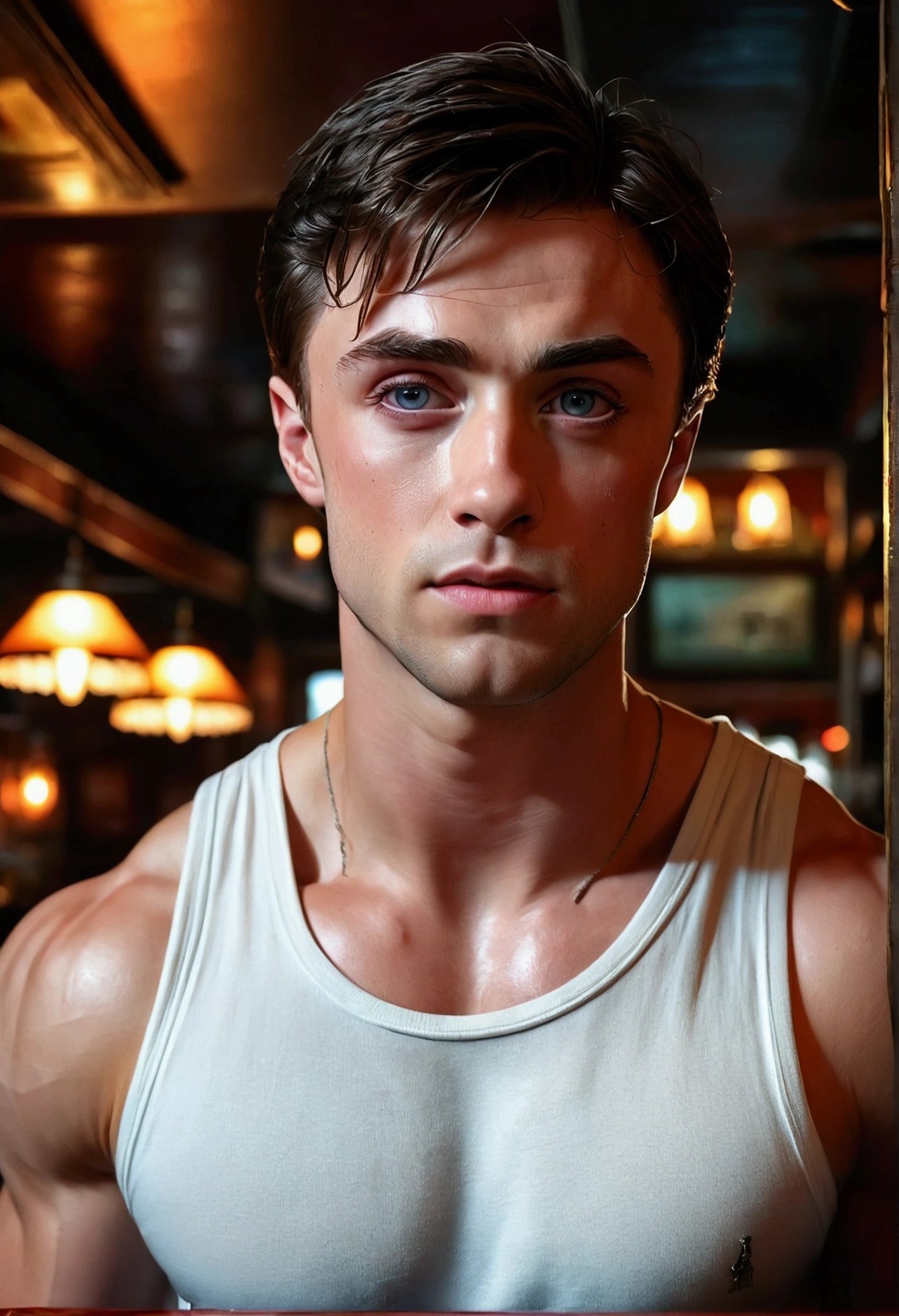 a muscular harry potter wearing a white tank top in an irish pub, beautiful detailed eyes, beautiful detailed lips, extremely detailed eyes and face, long eyelashes, intricate details, cinematic lighting, unreal engine, octane render, award winning digital art, high definition, hyperrealistic, photorealistic, epic fantasy, magical realism, dramatic lighting, atmospheric, moody, fantasy, concept art