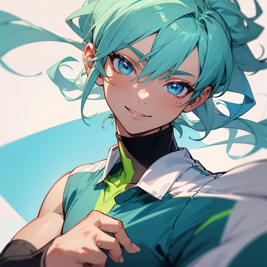 Eyes: He have Bright green, almond-shaped
Body: Athletic build, lean. 
Face: Heart-shaped face with smile
Hair: Wavy, pastel blue is his hair often tied back in a loose ponytail. 

Anime young male in soccer uniform. Close up selfie picture