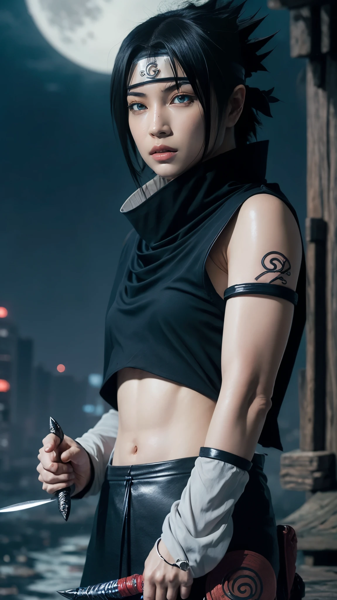 Moisturized skin, (red eyes), perfect body, adult female body, mature, cold expression,
BREAK,
(beautiful navel), (kunoichi), (ninja), sexy, (kunai), (leather), fishnet, (fishnet stockings: 1.2), (black clothes), bright red lipstick, (ninja clothes: 1.4),
BREAK,
(highly detailed hair: 1.2), spiky black hair, ((wearing a bowl-shaped ornament on the forehead)),
BREAK,
((masterpiece + highest quality + high resolution + highly detailed)), (full body: 1.2), symmetrical, one shot,
BREAK,
(electricity flows), (wind blows), (battle stance: 1.4), ((big full moon in the sky)),
BREAK,
(Uchiha Sasuke: 1.3), elegant, ((holding a Japanese sword)), black sword, neon city, night,