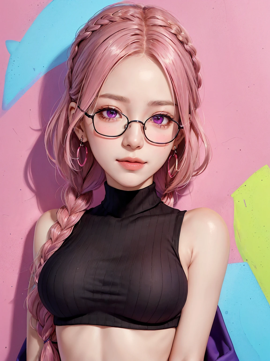 (Masterpiece, best quality, 1 girl, alone, complicated details, Chromatic aberration), realistic, ((Moderate breath)),long hair, pink hair, Red headpiece, Pink Highlights, hair on one eye,purple eyes, earring, sharp eyes, choker, Neon coat, She wears a collar, bangle, and kimono style garters., crop top, (symmetrical eyes),(Perfect symmetrical body),against the wall, Brick wall, (colorful graffiti words on the wall:1.2), The light is dim., alley ,Look at the viewer.、Dig the chest、smile、(sleeveless、Navel touch、Fitted turtleneck.)、street string hot pants、Thin bottom、Please build above the eaves..、Thin shoulders、1 Female,Brown Hair, ,((Anxious expression)),Beautiful ,School Swimsuit、Stylish,,(Look forward)(((Blushing、Surprised expression)),(((Braid))),((( Upper body portrait)))Frameless Glasses