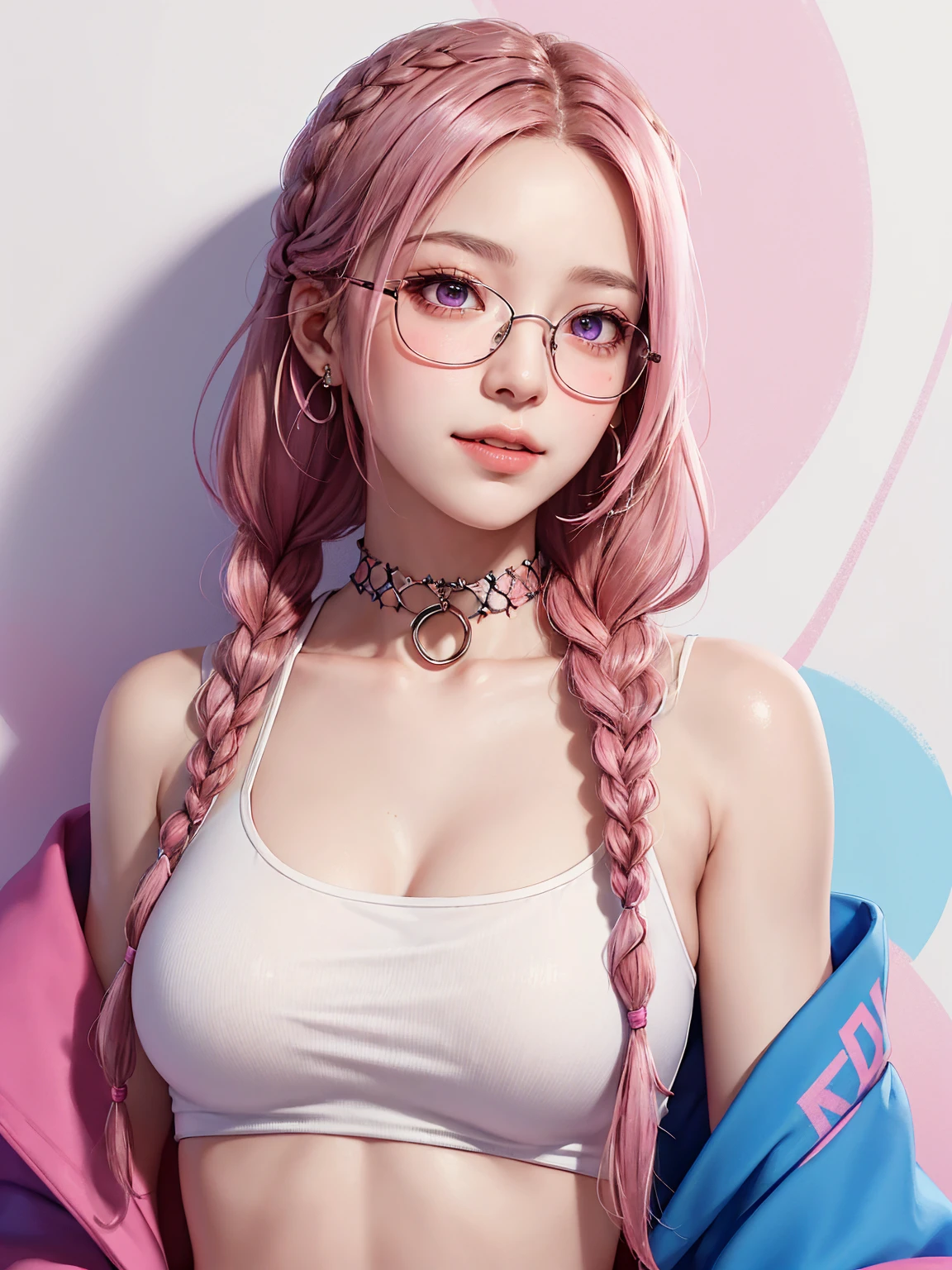 (Masterpiece, best quality, 1 girl, alone, complicated details, Chromatic aberration), realistic, ((Moderate breath)),long hair, pink hair, Red headpiece, Pink Highlights, hair on one eye,purple eyes, earring, sharp eyes, choker, Neon coat, She wears a collar, bangle, and kimono style garters., crop top, (symmetrical eyes),(Perfect symmetrical body),against the wall, Brick wall, (colorful graffiti words on the wall:1.2), The light is dim., alley ,Look at the viewer.、Dig the chest、smile、(sleeveless、Navel touch、Fitted turtleneck.)、street string hot pants、Thin bottom、Please build above the eaves..、Thin shoulders、1 Female,Brown Hair, ,((Anxious expression)),Beautiful breasts,School Swimsuit、Stylish,,(Look forward)(((Blushing、Surprised expression)),(((Braid))),((( Upper body portrait)))Frameless Glasses