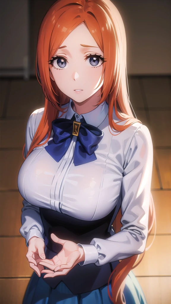 BREAK looking at viewer, BREAK (masterpiece:1.2), best quality, high resolution, unity 8k wallpaper, (illustration:0.8), (beautiful detailed eyes:1.6), extremely detailed face, perfect lighting, extremely detailed CG, (perfect hands, perfect anatomy),school,desk,windows,tables,inoue orihime, long hair, orange hair, (grey eyes:1.5),skirt, bow,white blouse,unbuttoned blouse,black bra,lace bra,cleavege,neckline, long sleeves, puffy sleeves, skirt, blue skirt, long skirt, from above,upper body,showing breasts.