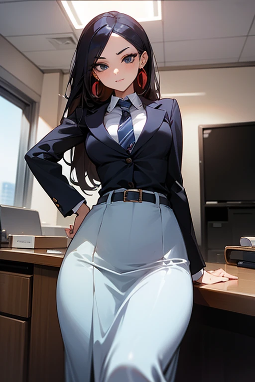 A woman in a tight office outfit and a provocative long skirt, with a mischievous and teasing expression, stands in front of a junior female colleague.