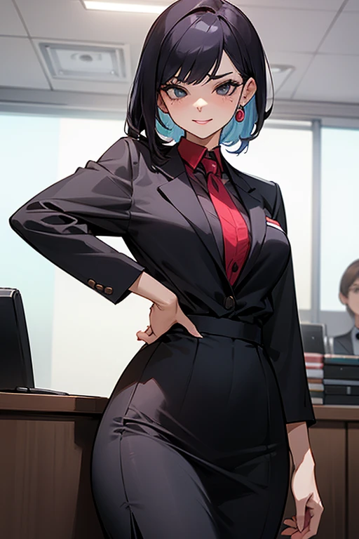 A woman in a tight office outfit and a provocative long skirt, with a mischievous and teasing expression, stands in front of a junior female colleague.