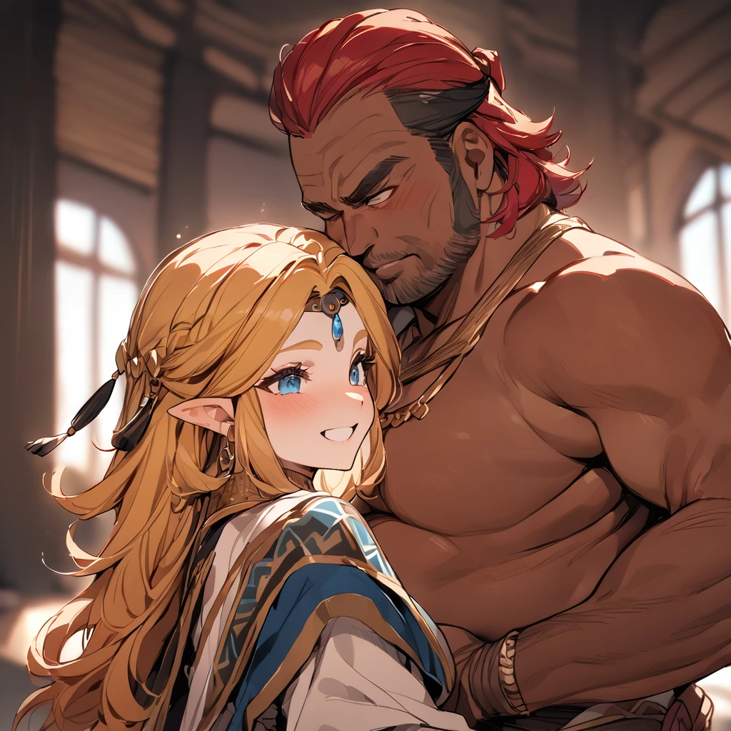 ((Highest quality)), ((masterpiece)), (detailed), （Perfect Face）、The woman is Queen Zelda, wife of King Ganondorf of the Gerudo tribe. She has medium-long blonde hair, blue eyes, wears Gerudo clothing, and wears luxurious Gerudo accessories.、The woman was happily embracing her husband, Ganondorf, a burly, dark-skinned, middle-aged man with red hair who was also the king of the Gerudo tribe.