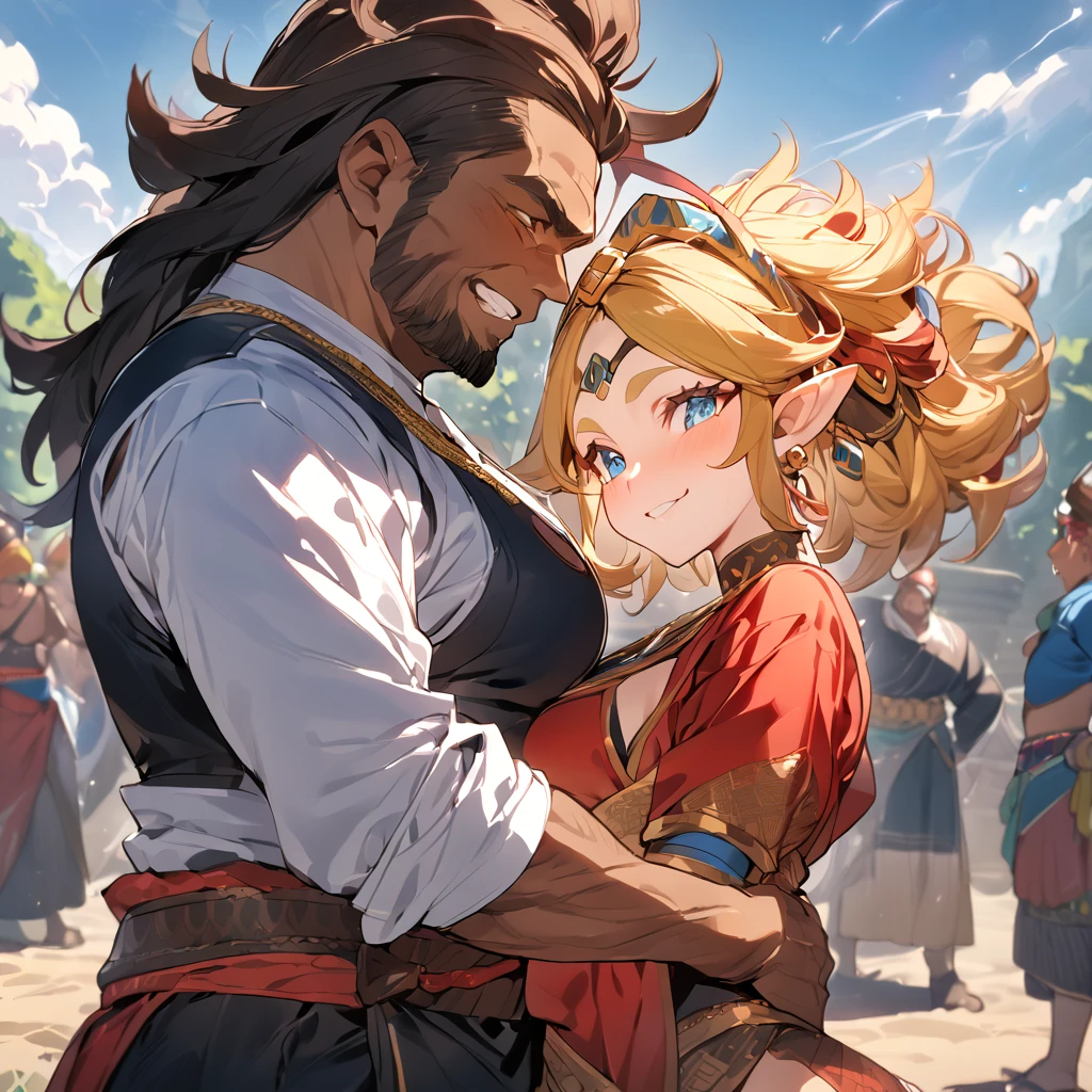 ((Highest quality)), ((masterpiece)), (detailed), （Perfect Face）、The woman is Queen Zelda, wife of King Ganondorf of the Gerudo tribe. She has medium-long blonde hair, blue eyes, wears Gerudo clothing, and wears luxurious Gerudo accessories.、The woman was happily embracing her husband, Ganondorf, a burly, dark-skinned, middle-aged man with red hair who was also the king of the Gerudo tribe.