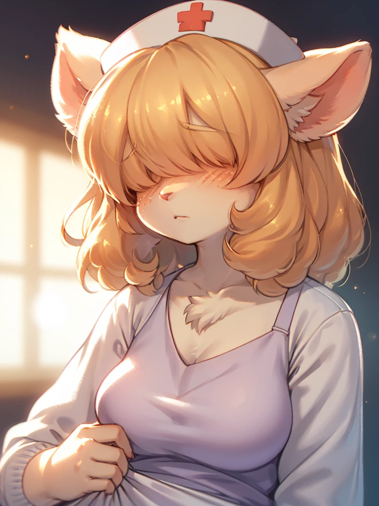 (Sumilux f1.4 50mm , low Latitude old color negative film , cross process , bokeh, flare, chromatic aberration , soft focus, (Shallow focus) , soft glow , Maximum aperture, High Key , Transparent depiction) , closeup face , sheep mom nurse , (Woolly hair over eyes) , (Freckles:0.8) , in the hospital , Nursing uniform , portrait photo , 2 melons , high beams , I can't take it anymore , (Palpation)