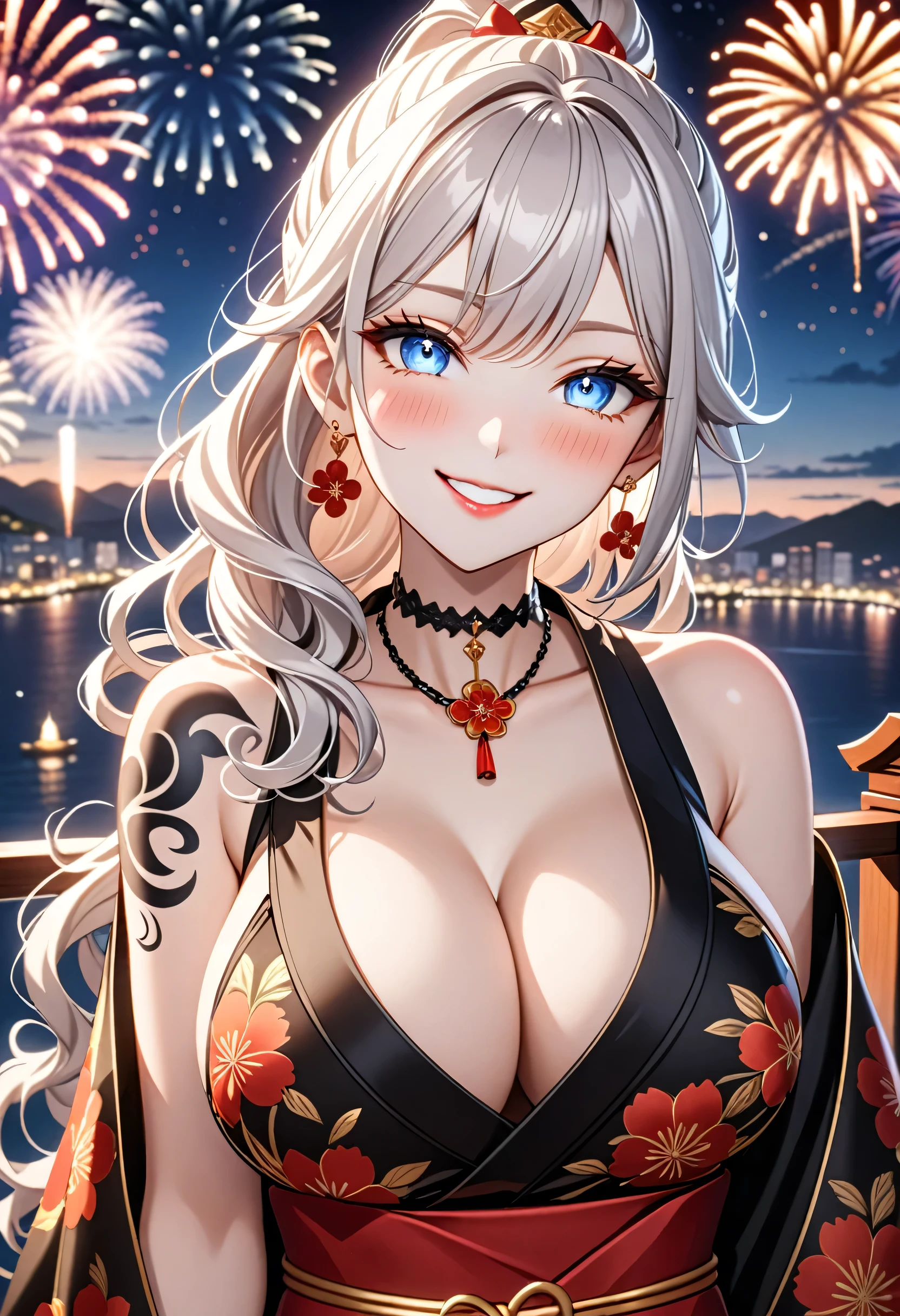 ultra-detailed, ((one girl)), (pale skin:1.5),  fair-skinned gyaru, ((Girl in black kimono)),  (heavy makeup), (professional lighting), hyper detailed, absurdres, 8k, Beautiful Face, (Laugh shyly), ((teasing smile:1.2)), ((happy smile:1.4)),  ((Wink:1.4)), (Laugh with your mouth wide open),((Tilt your face:1.6)), View your viewers, ((full-face blush:1.4)), Glossy Red Lips, ((huge breasts:1.6)), undressing, ((She is undressed up to her shoulders, highlighting her cleavage.)), ((Shoulder Tattoo:1.3)), summer, night,Observatory with a view of the sea, firework, ((Anime style background)),masterpiece, Highest quality, so beautiful,Latest, Complex details, ((red long nail:1.2)), (ring),(bracelet), (Floral Choker),AI-generated, Complex,High resolution, Highest quality, super high quality,3D Images、3D Images,One person, (Silver White hair),Long Hair, (White high ponytail), (wavy hair:1.3)), Anime woman posing for a photo, ((Eyes with detailed pupils、blue eyes、glowing eyes:1.3)), (Squint your eyes:1.1),a hyperRealistic , hyperRealistic , Realistic,Anime woman with long white hair, Smooth anime CG art, ((A girl in a gorgeous black kimono:1.2)), ((black furisode:1.3)),Gold embroidery, (Large floral pattern in red color),  (sideboob), (Long red flower hair ornament),(big floral earrings), Mature Body, tall,Narrow waist, (extreme close-up shot), ((dutch angle)),