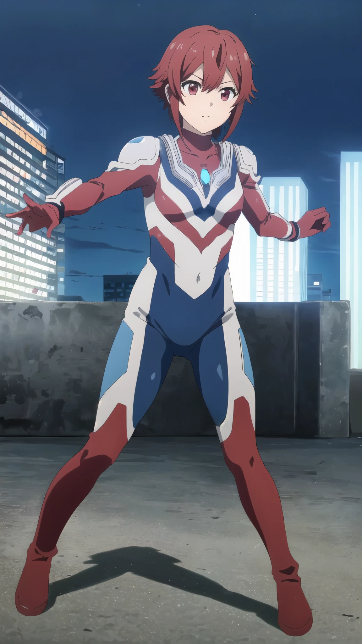 (8k、Highest quality、masterpiece:1.2),Detailed face,Beautiful Face,(fine grain, Deep Eyes),One Girl,((Combat Stance)), Redhead, Red eyes, short hair, Hair between the eyes, bangs, chest, large chest, short hair, Red eyes, Ultraman bodysuit、大きなchest、Hero Suit,Full body tight suit、(building:1.2)、Night view、View your audience, Are standing