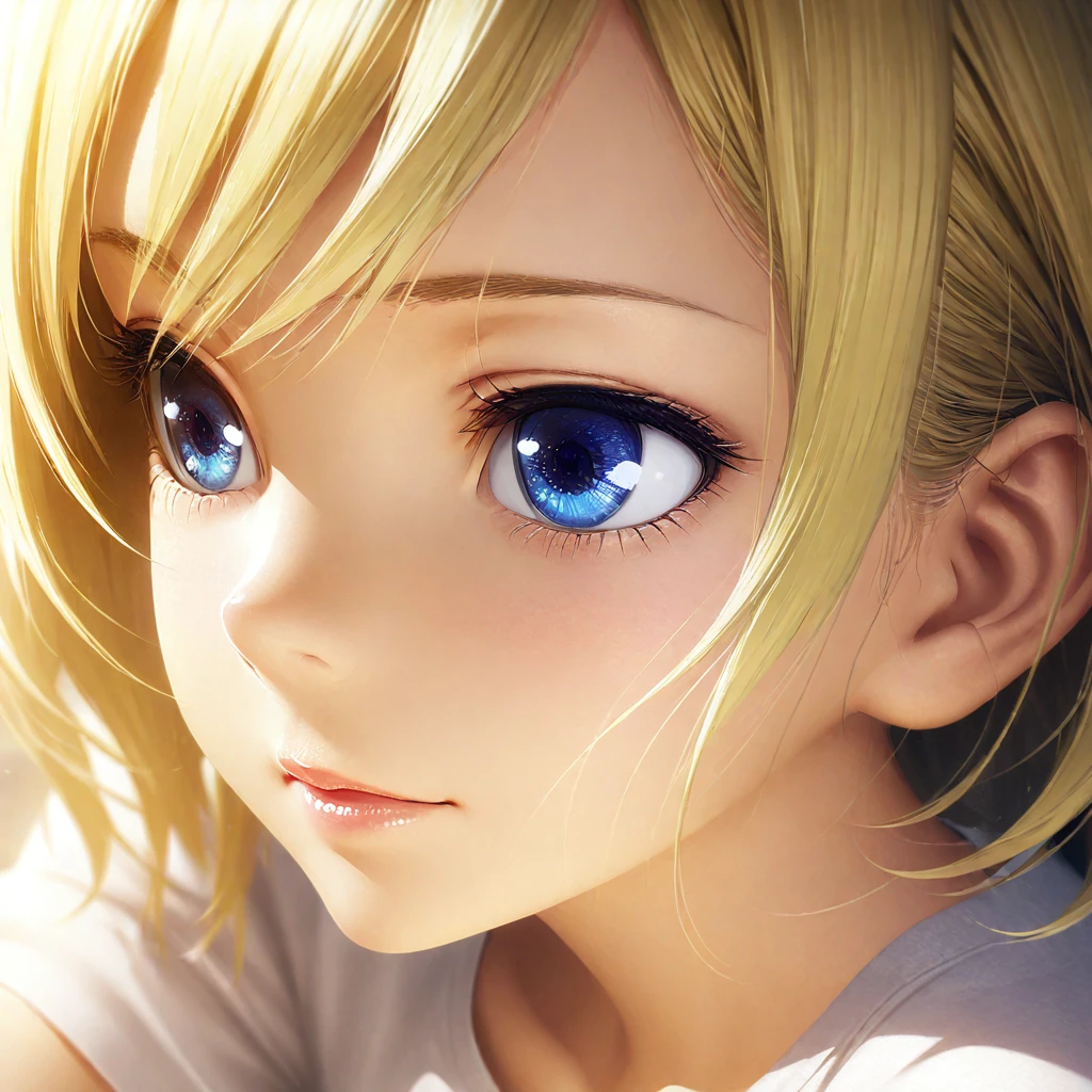 portrait, Practical, blue eyes, Blonde hair, Mid-chest, 4K resolution, High quality CG, Beautiful CG, Soft Light, Octane Rendering, white t-shirt, close shot