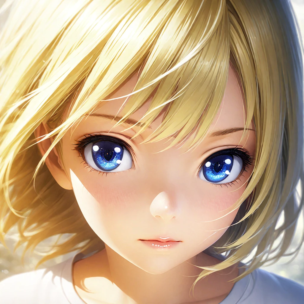 portrait, Practical, blue eyes, Blonde hair, Mid-chest, 4K resolution, High quality CG, Beautiful CG, Soft Light, Octane Rendering, white t-shirt, close shot