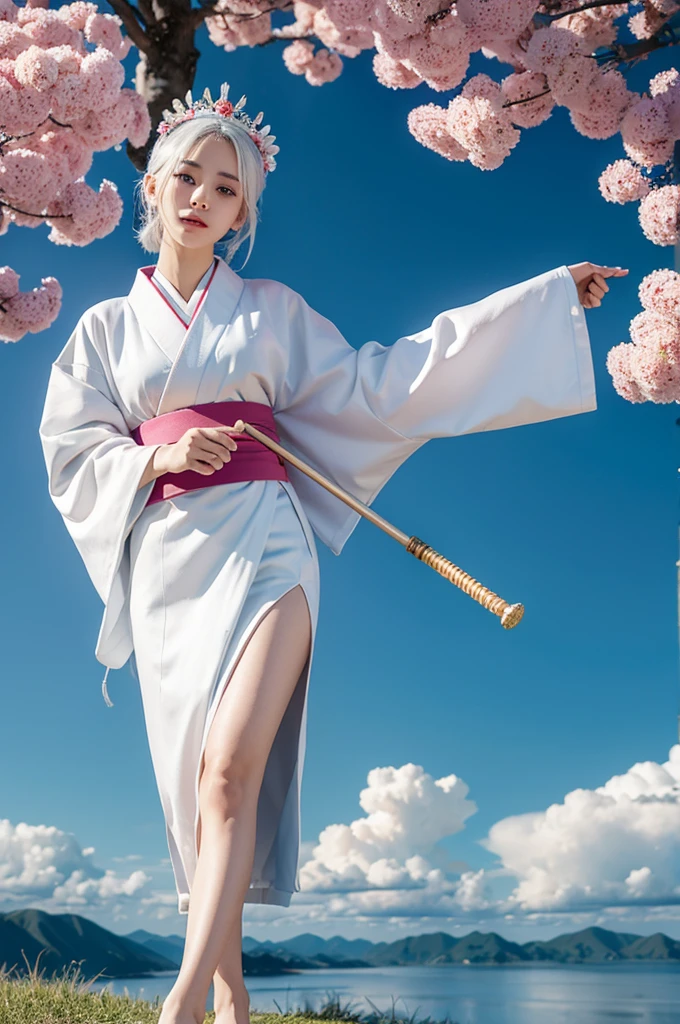 Round face，Short legs，White hair grows to feet，Little girl wearing a gorgeous kimono and a gorgeous headdress，Scepter in hand，floating in the sky，The sky is aurora，???身邊有一隻穿著巴斯光年衣服的Short legs的小柴犬