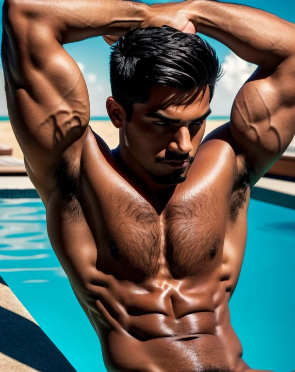 RAW pornography photo, His perfect( big huge monster penis) is (coming out) of his pant,masterpieces, full color, commercial quality portrait, latino hunk, ((age 27)), full-body view, ((shot from below)), bodybuilder hunk, masculine bodybuilder hunk, very tanned skin, dark eyes, black hair, spiked haircut, kneeling, ((leaning forward)), water scene, in the style of herb ritts, (((homoerotic))), barechested, tanned skin, ((short hair)), spiky hair, razor stubble sharp focus, hdr, cinematic, clear, vibrant, colour pop, heavy contrast, dynamic lighting, 4K, (high detailed skin:1.2), dslr, full body head to toe view, His perfect( big huge monster penis) is (coming out) of his pant,masterpieces, pornography, seductive, erotic, exotic monster penis