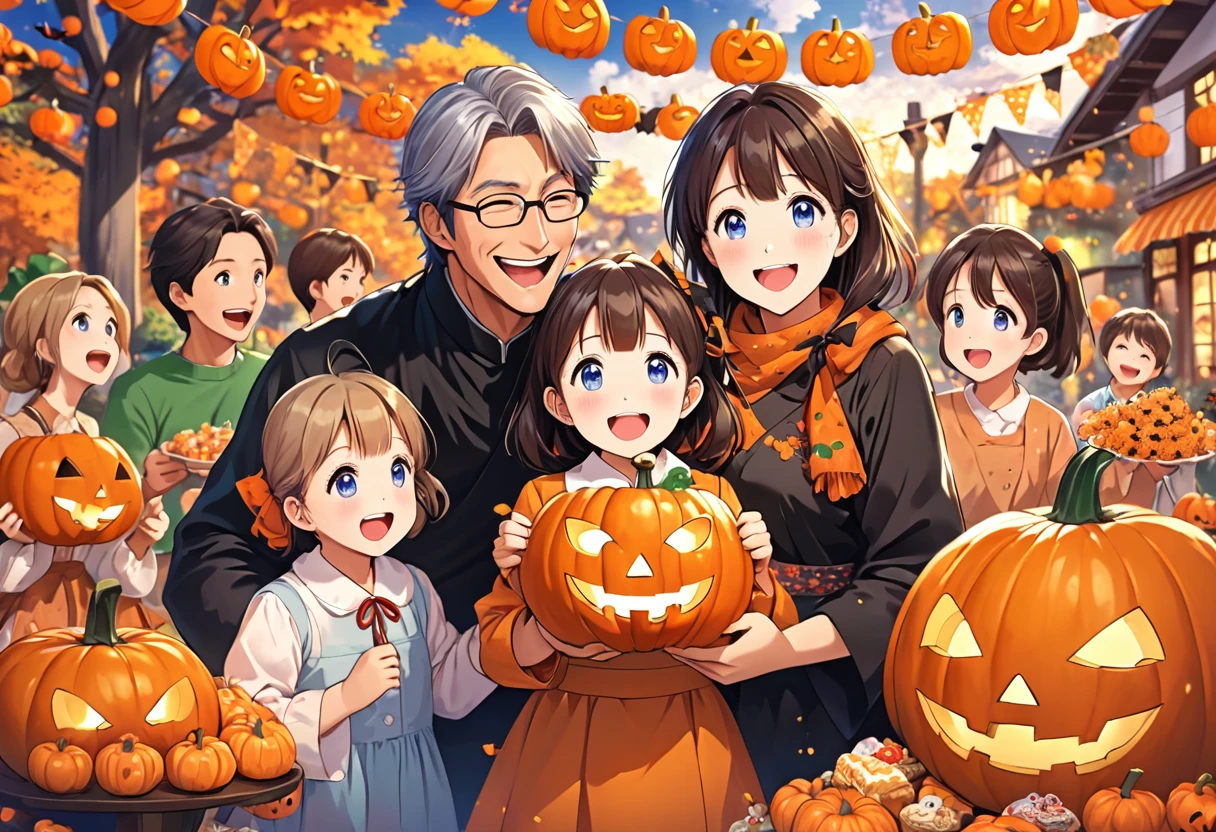 Create a detailed, high-quality fan art cover for a doujinshi based on a slice-of-life anime series, featuring a close-knit family enjoying Halloween together. The scene should depict a festive and joyous atmosphere, with the family members laughing and surrounded by sweets, and the child holding a jack-o’-lantern. The parents are amiably giving out treats to the child. Capture the warmth and happiness of the family moment, with a focus on expressing the characters’ enjoyment of the holiday. The image should be in a vertical format, with vivid colors and a homely, welcoming vibe, suitable for a fan-created work that could be shared on platforms like Pixiv or ,